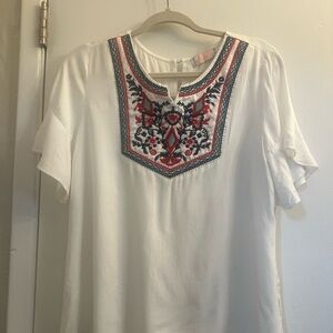 Chic White Blouse with Red and Blue Embroidery